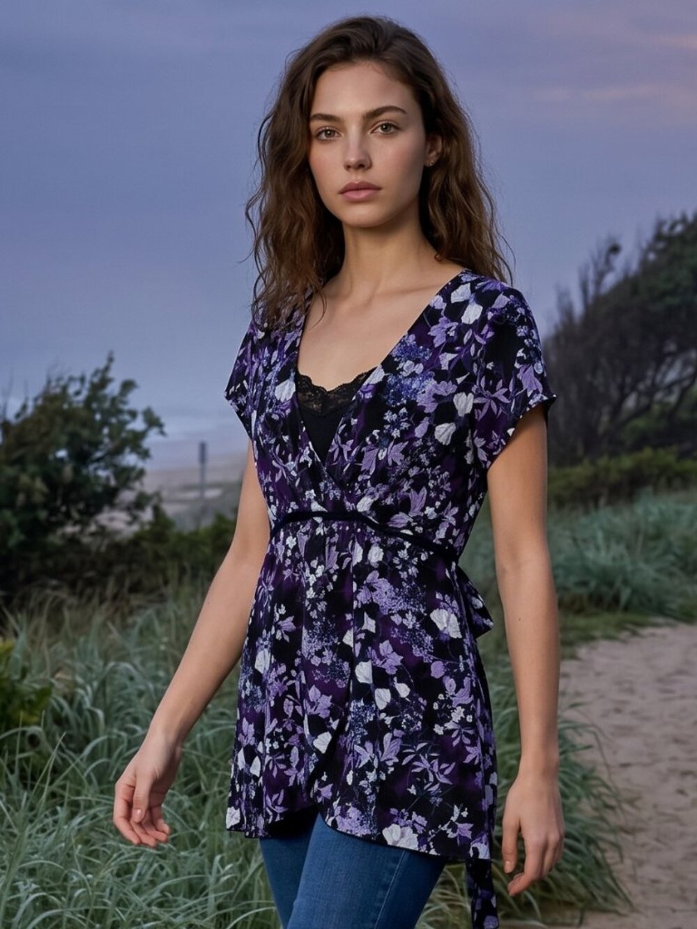 Studio 1940 Purple White Black Floral Short-sleeve Tie-back Layered Cami Blouse